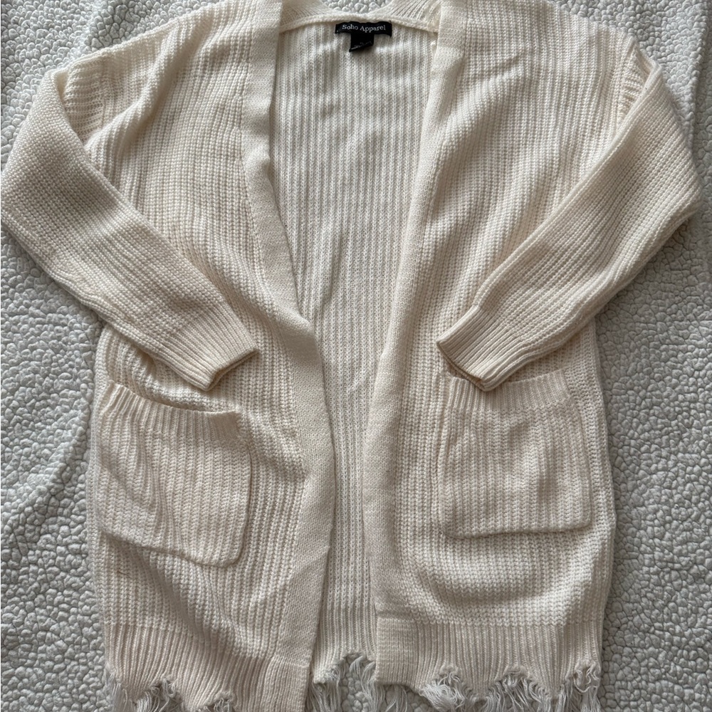 Soho Apparel Cream Fringed Cardigan